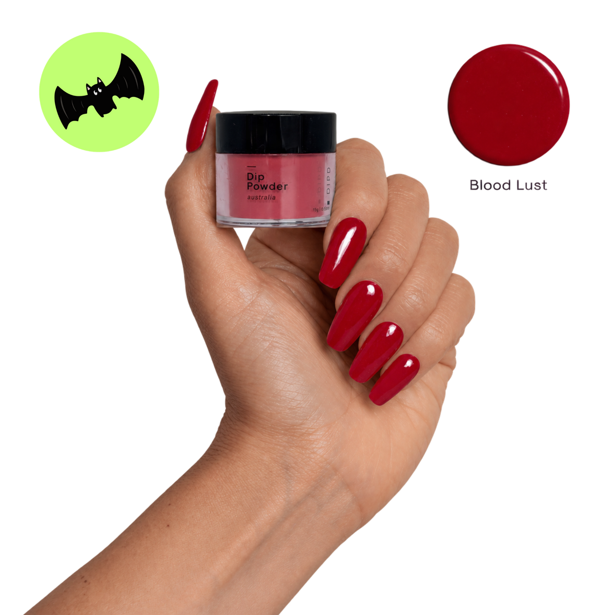 Blood Lust Dip Nail Red nails holding the colour pot and swatch for DIPD Nails