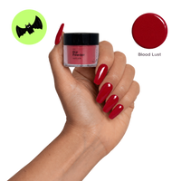 Blood Lust Dip Nail Red nails holding the colour pot and swatch for DIPD Nails