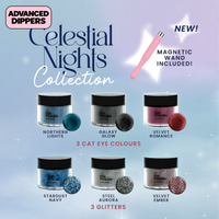 cat eye and glitter dip powder collection including 3 cat eye magnetic dip powder colours to be used with magnetic wand and 3 glitter colours, recommended for the advanced dipper, designed by DIPD nails up to 6 weeks wear no UV