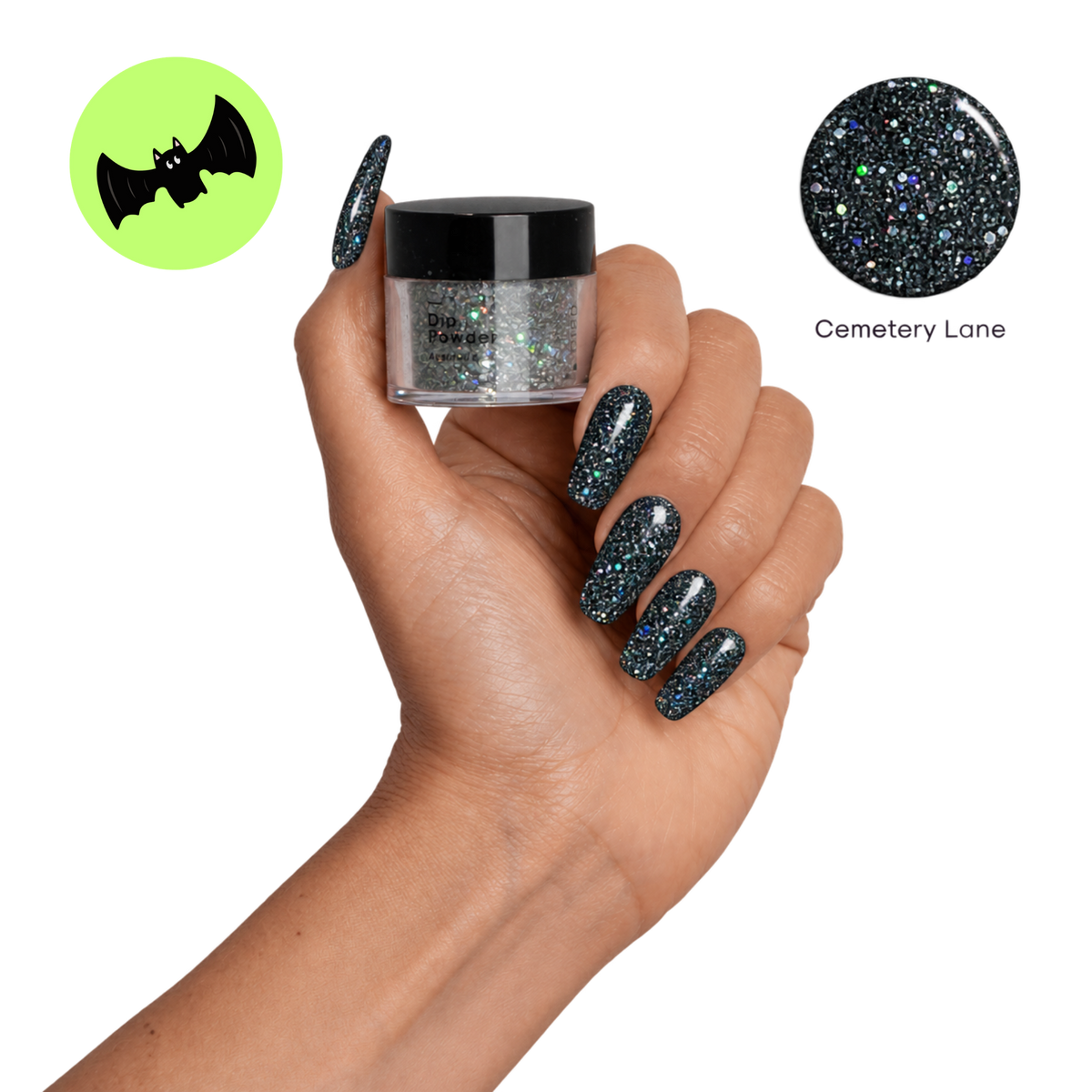 Cemetery Lane Glitter on nails using DIPD Nails with a pot of colour