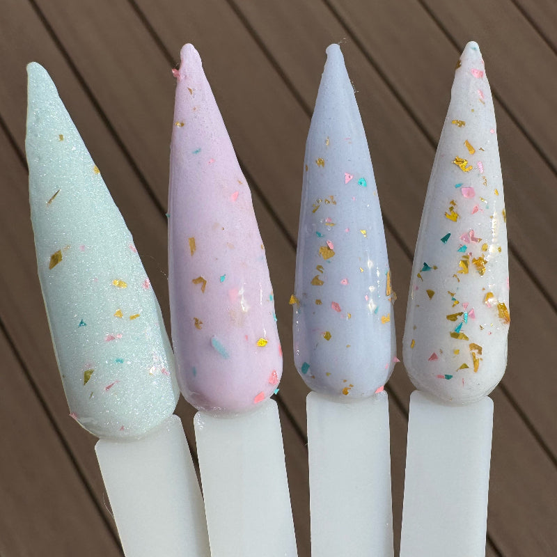 Confetti Milk pastel dip nail powders with rainbow glitter