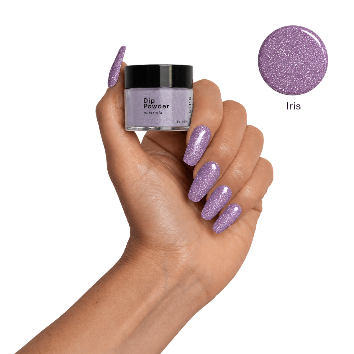Iris purple shimmer dip nails with swatch