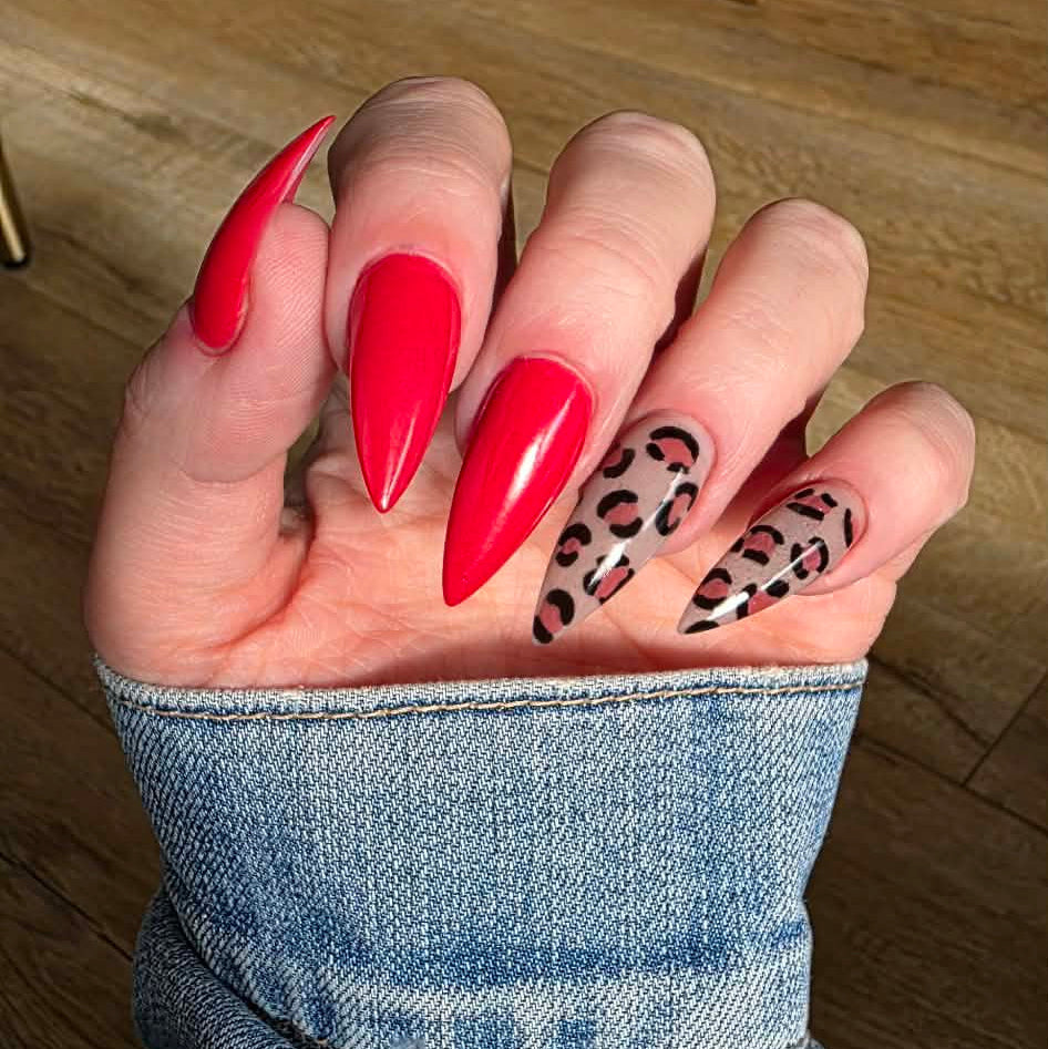Lady in Red Dip Powder on stiletto nails with nail art using DIPD powder colours