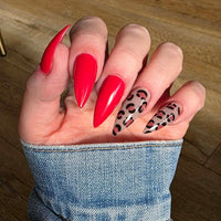 Lady in Red Dip Powder on stiletto nails with nail art using DIPD powder colours