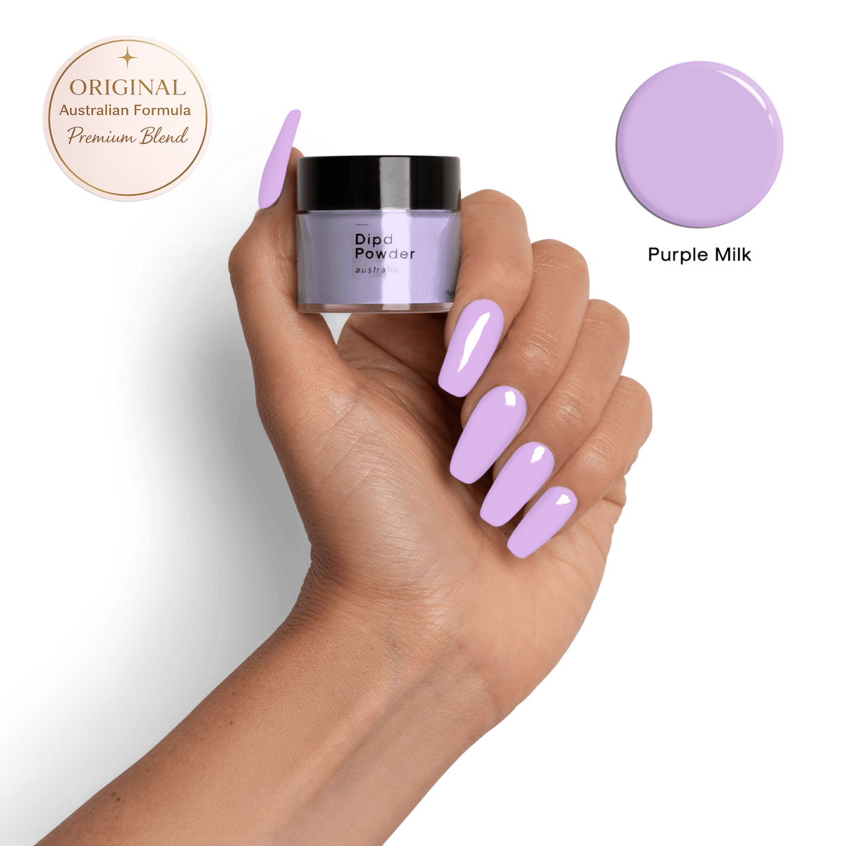 Purple milk dip powder nails showing a soft purple nail colour using the DIPD nails system. Australian made premium quality