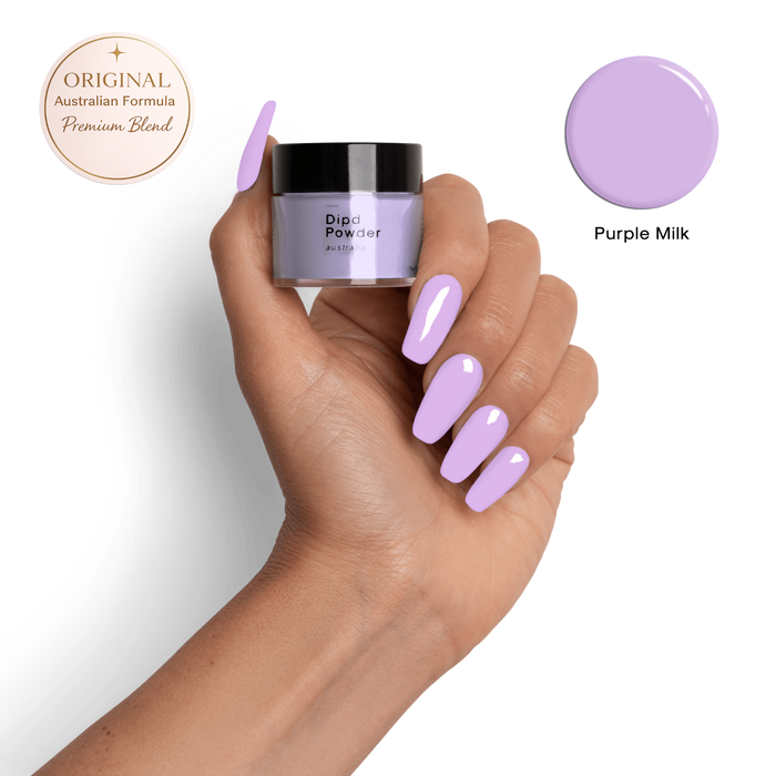 Purple milk dip powder nails showing a soft purple nail colour using the DIPD nails system. Australian made premium quality