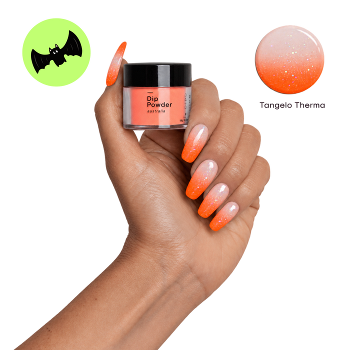 Tangelo Therma Dip Powder image of hand with jar and swatch showing thermal colour change