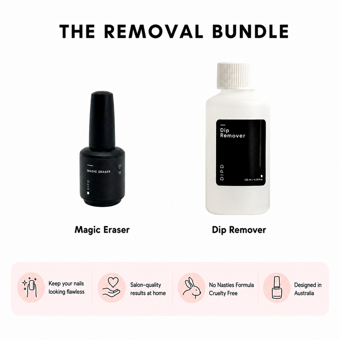 The removal bundle includes the magic eraser paint on and scrape off and the dip remover with acetone to remove DIPD and dip powder nails manicure at home.