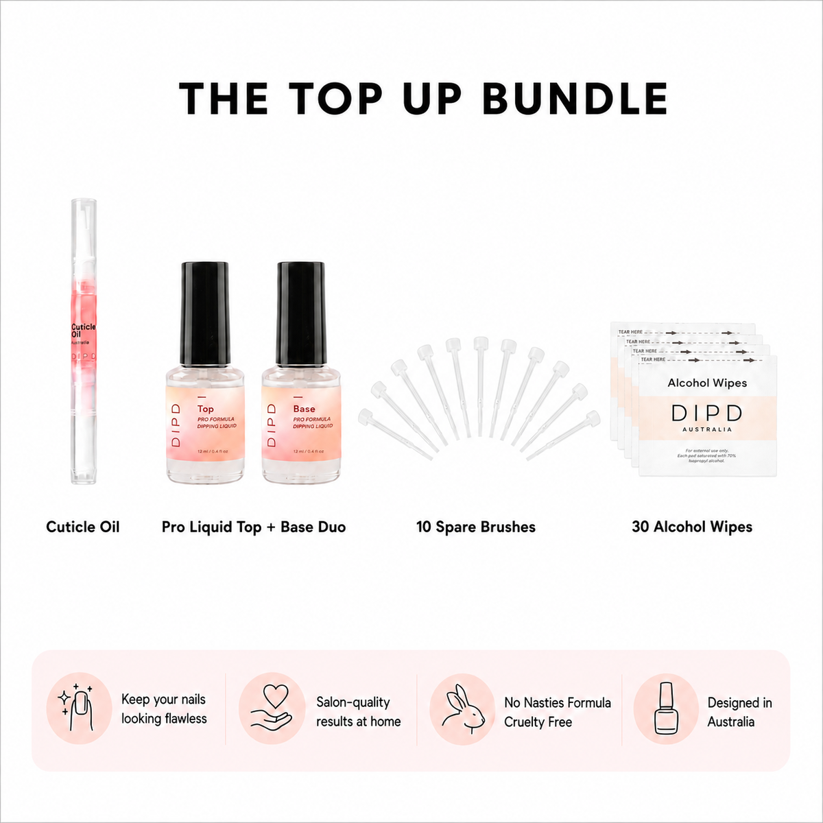 DIPD Top Up Bundle set featuring Cuticle Oil, Pro Liquid Top & Base Duo bottles, 10 Spare Brushes, and 30 Alcohol Wipes, arranged on a white background with descriptive text and benefit icons at the bottom.