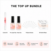 DIPD Top Up Bundle set featuring Cuticle Oil, Pro Liquid Top & Base Duo bottles, 10 Spare Brushes, and 30 Alcohol Wipes, arranged on a white background with descriptive text and benefit icons at the bottom.