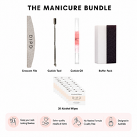 The manicure bundle for dip nail manicure at home includes crescent file, cuticle pusher, cuticle oil pen, buffer pack and alcohol wipes.