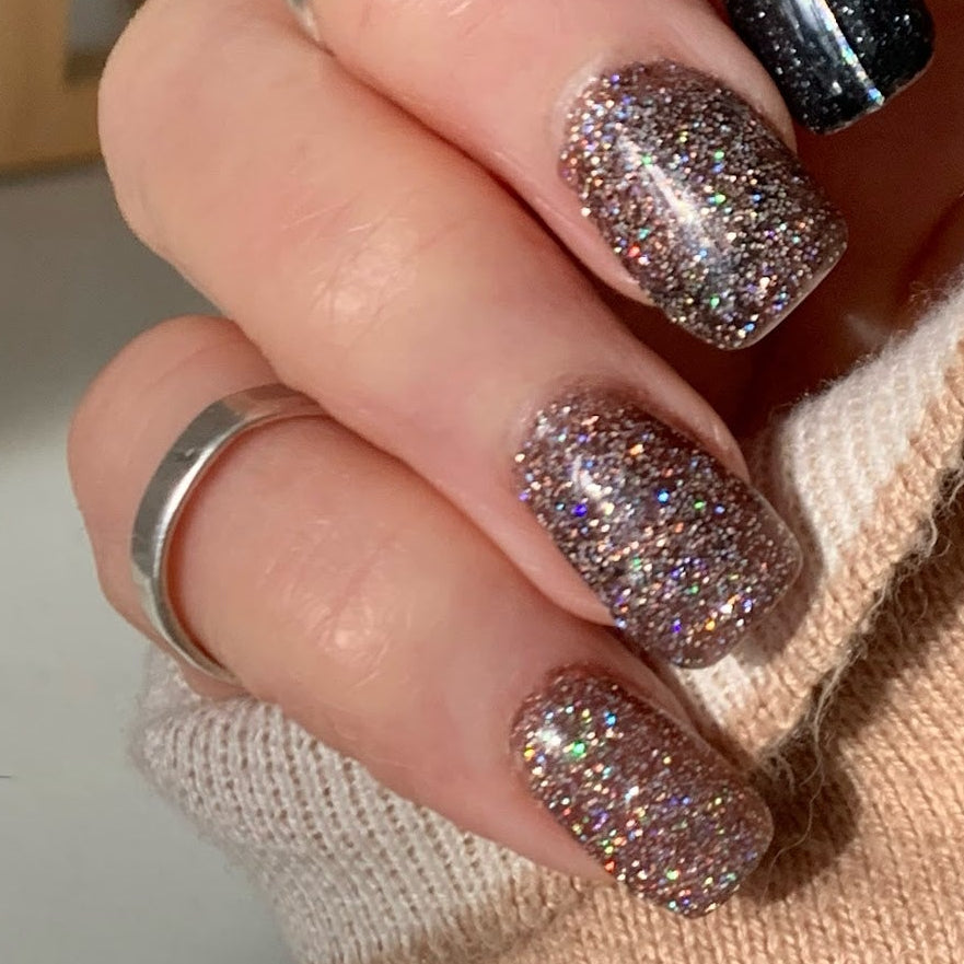 Velvet dip powder glitter from the Celestial collection. soft cool brown tones on natural nails with DIPD nails Australia