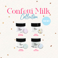 Confetti Milk Collection lip powder set featuring four jars: Violet Bloom, Milk Bloom, Sage Bloom, and Sky Bloom. The products are shown in white jars with black lids, accompanied by circular swatches of the colorful confetti-infused powder.