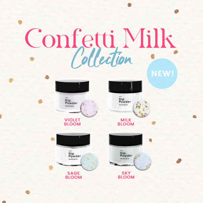Confetti Milk Collection lip powder set featuring four jars: Violet Bloom, Milk Bloom, Sage Bloom, and Sky Bloom. The products are shown in white jars with black lids, accompanied by circular swatches of the colorful confetti-infused powder.